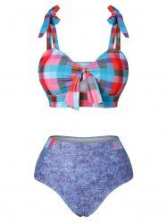 Plaid Padded Bowknot Tankini Swimwear -  