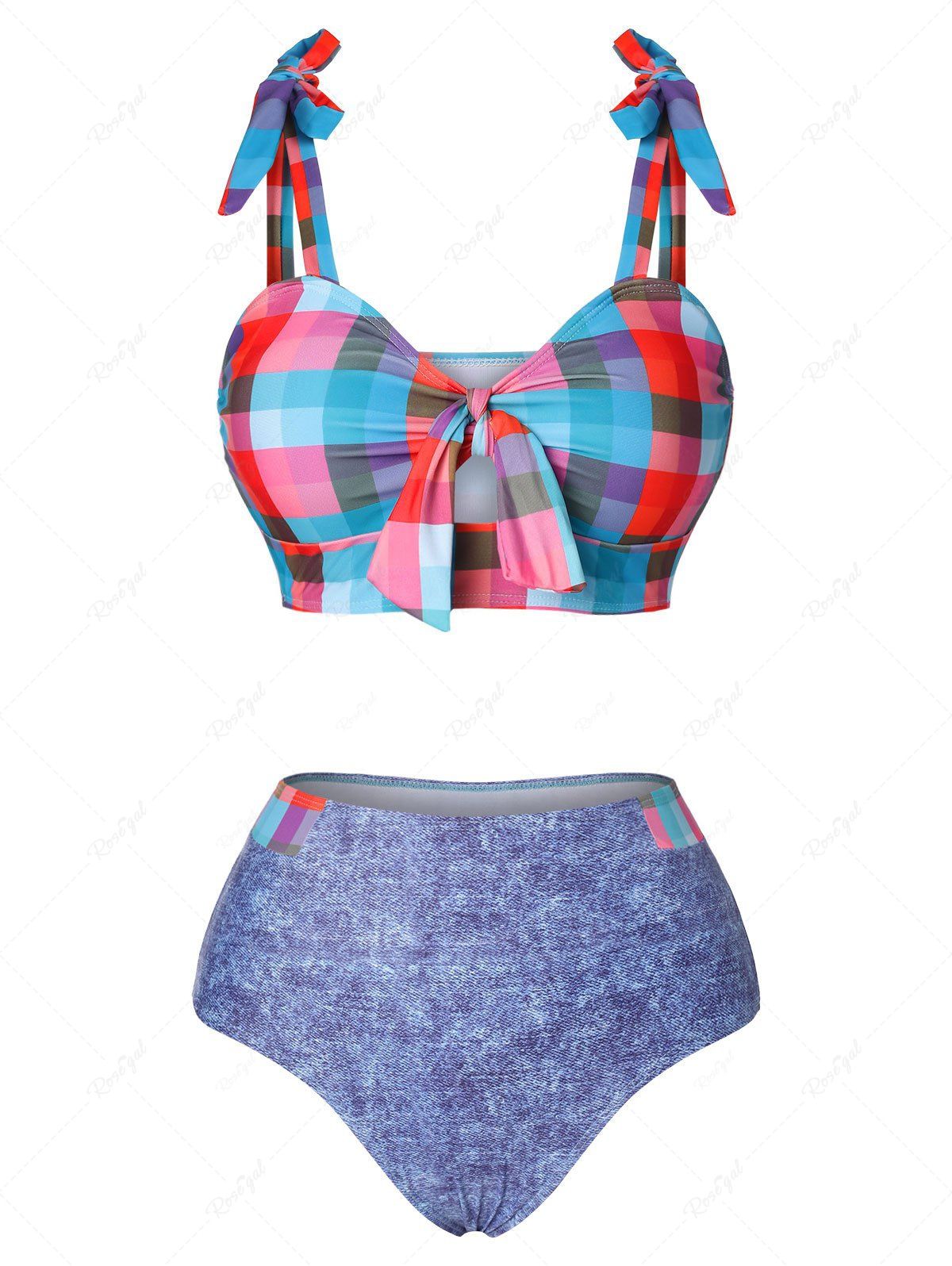 Fancy Plaid Padded Bowknot Tankini Swimwear  