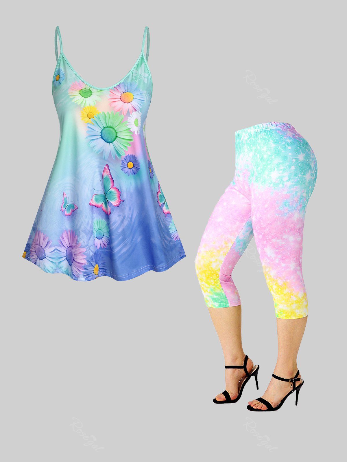 Trendy Butterfly Sunflower Tank Top and Ombre Capri Leggings Plus Size Summer Outfit  