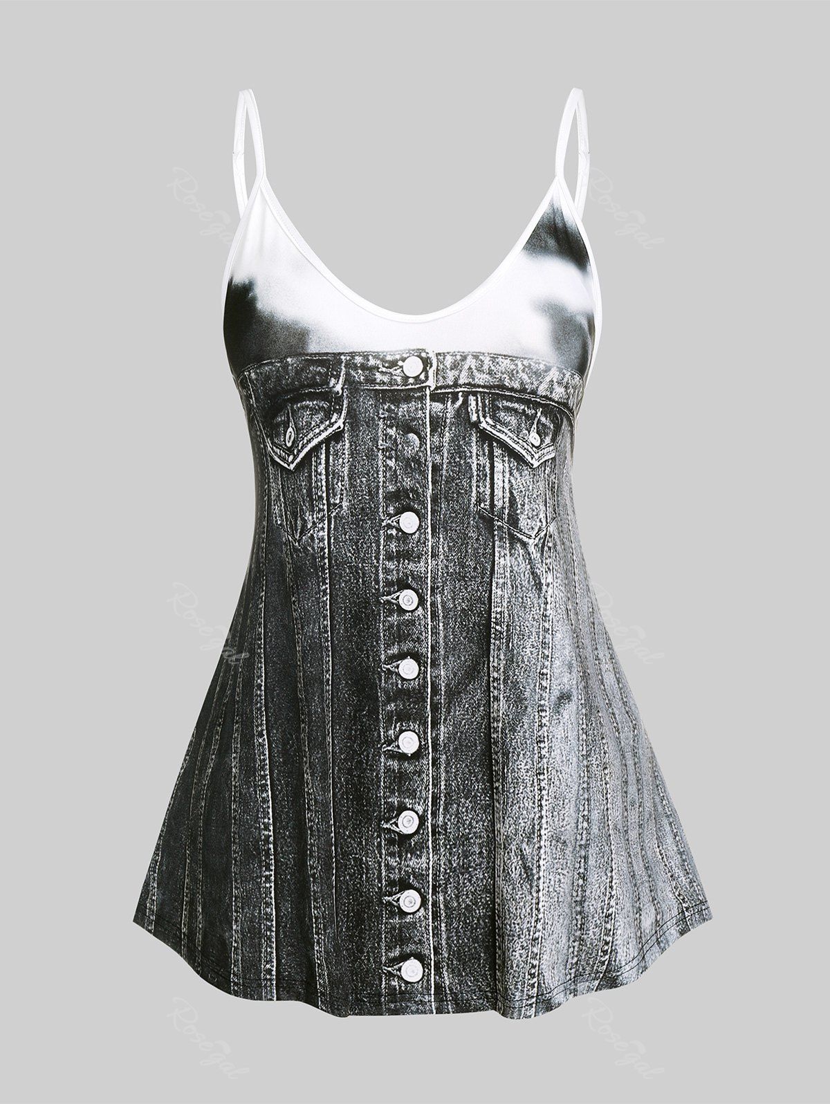Fashion Plus Size & Curve 3D Denim Print Flowy Tank Top (Adjustable Straps)  