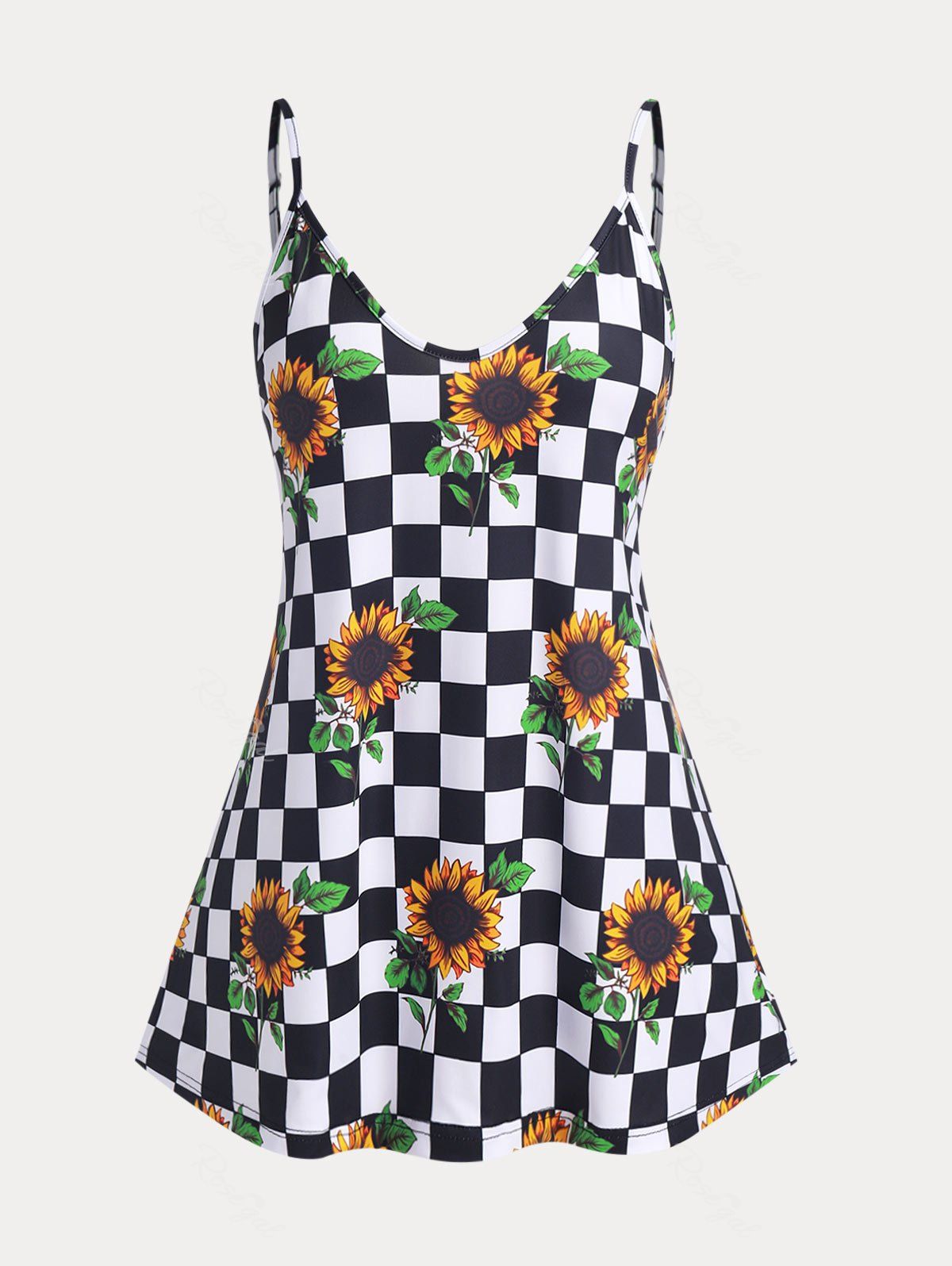 Hot Plus Size & Curve Sunflower Checkerboard Tank Top  