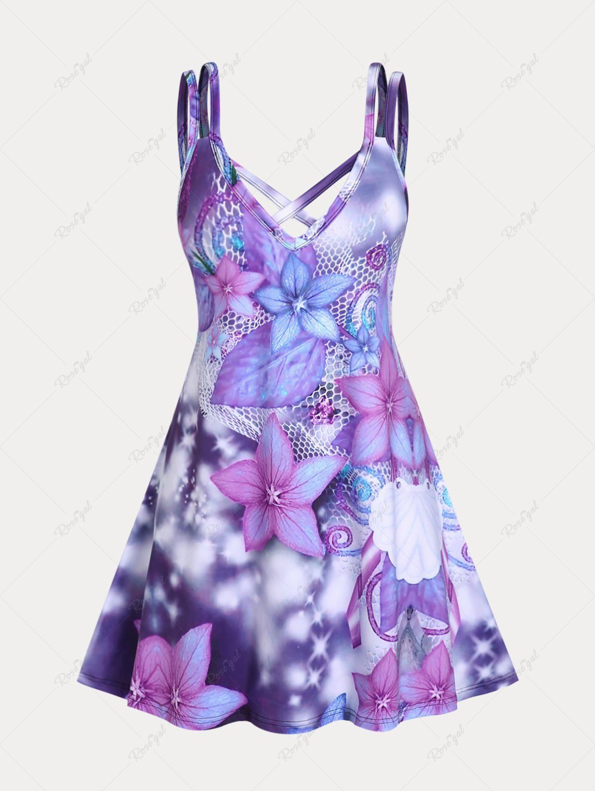 Robe à Bretelle Fine 3D Courbe à Imprimé Fleurie de Grande Taille Violet clair 5x | US 30-32