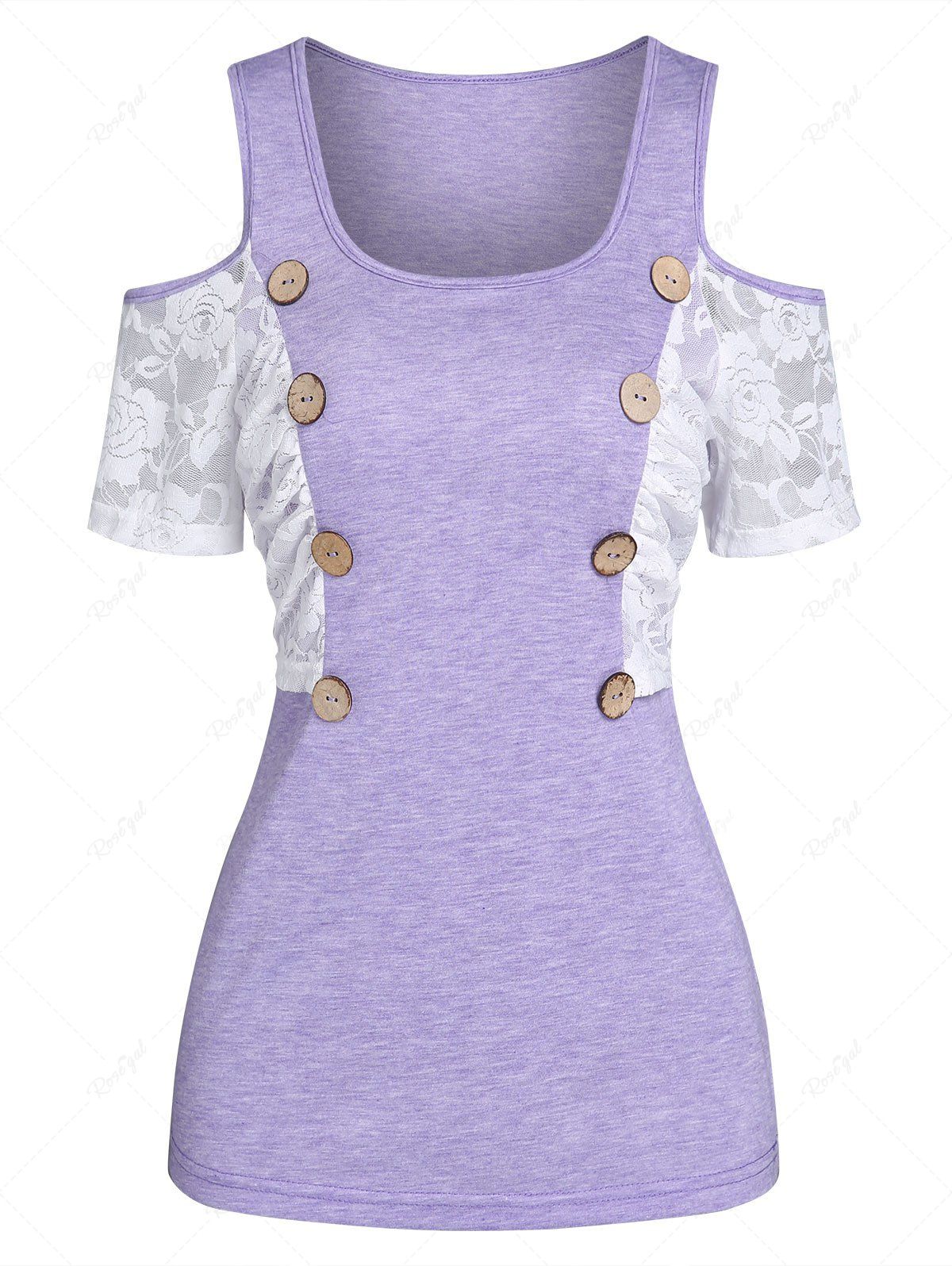 Affordable Mock Button Rose Flower Lace Panel Tee  