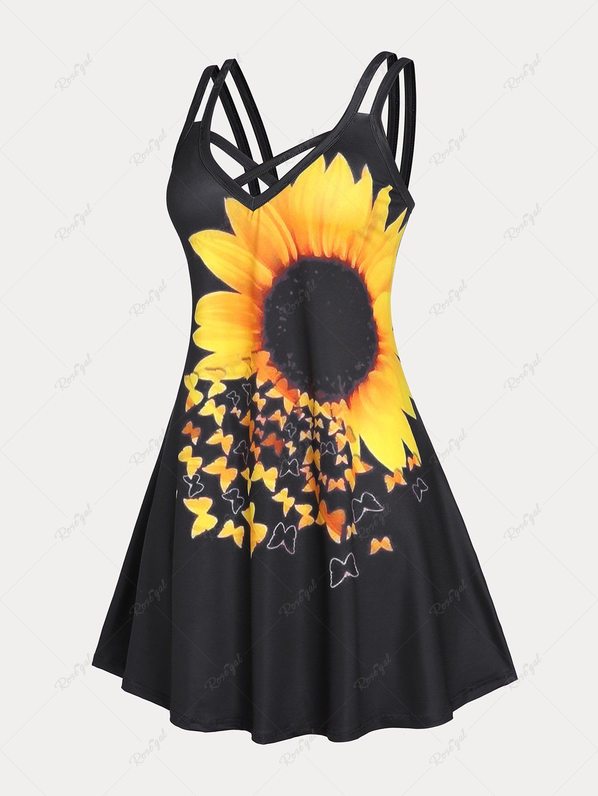 Unique Plus Size Sunflower Print Crisscross Sundress  