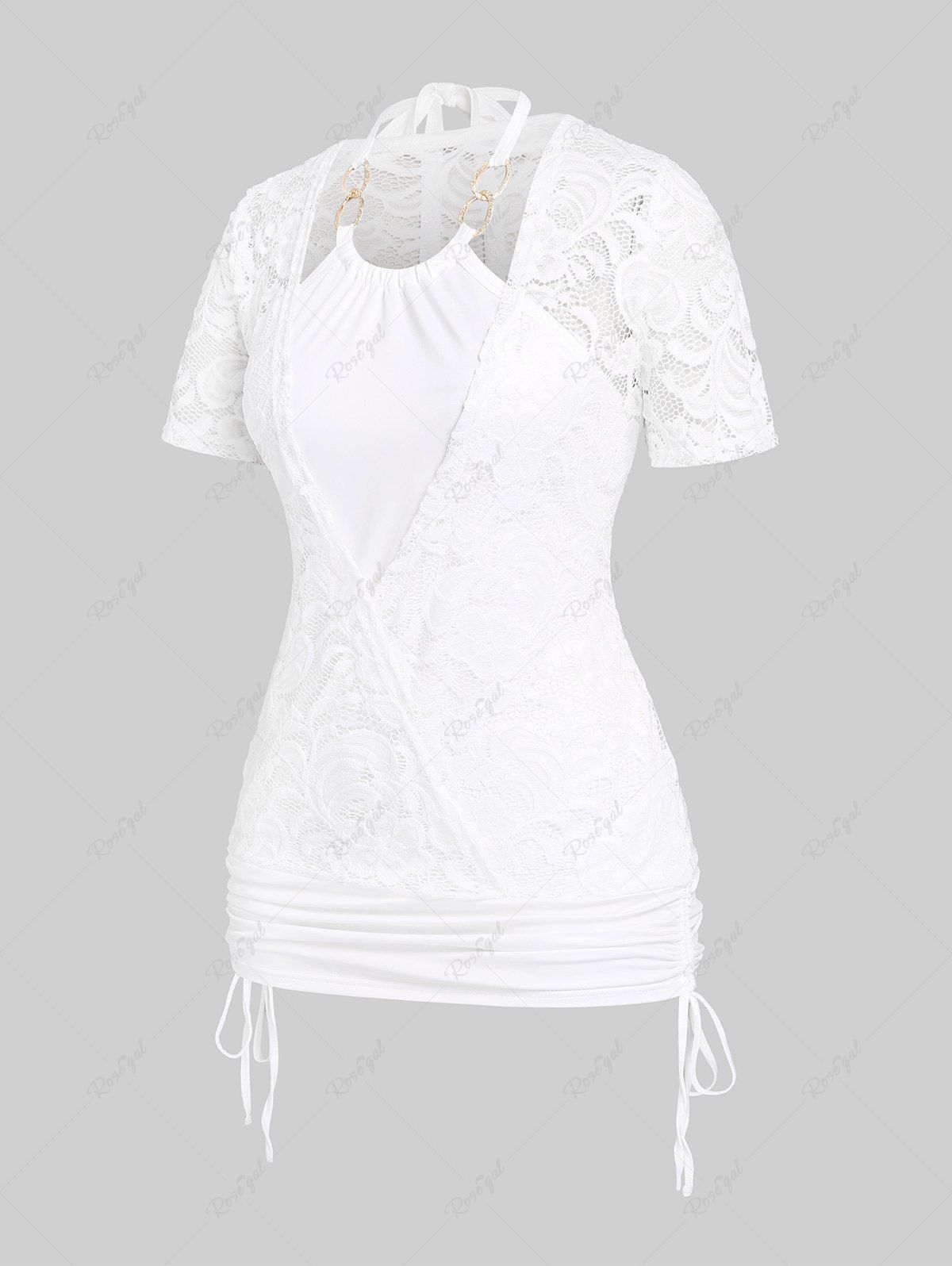 Cheap Plus Size & Curve Cinched Lace Panel 2 in 1 Top  