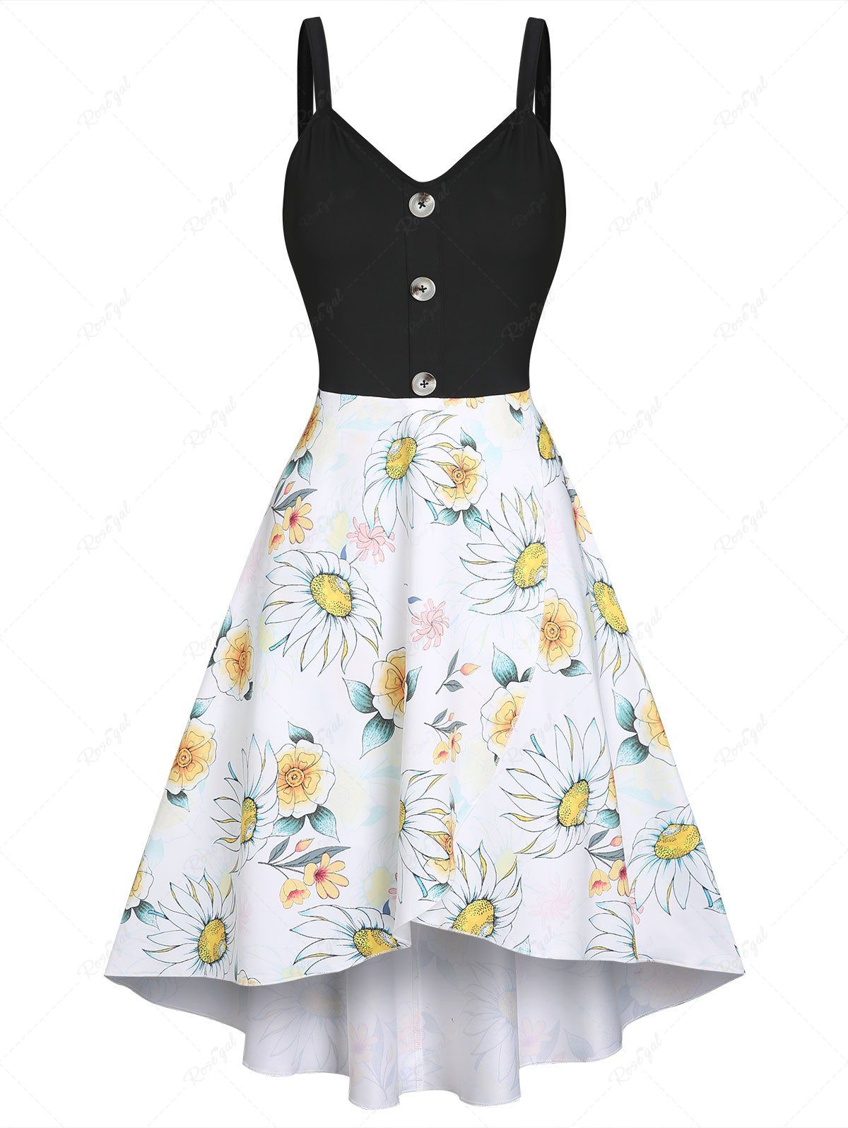 Store Sunflower Floral Mock Button High Low Long Dress  