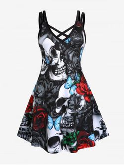 Plus Size & Curve Gothic Crisscross Skull Rose Print Dress - BLACK - 2X | US 18-20