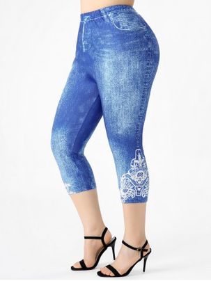 Plus Size & Curve High Waisted 3D Printed Capri Jeggings