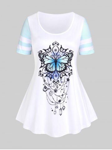 Plus Size & Curve Butterfly Stripes Colorblock Short Sleeves Tee - WHITE - 5X | US 30-32