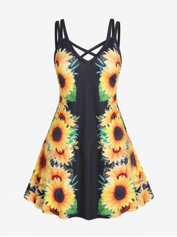 Plus Size & Curve Crisscross Sunflower Print Sundress - BLACK - 1X | US 14-16