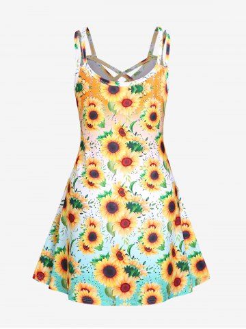 Plus Size & Curve Crisscross Sunflower Print Sundress