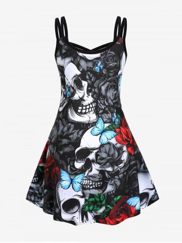 Plus Size & Curve Gothic Crisscross Skull Rose Print Dress