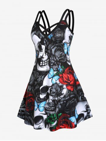 Plus Size & Curve Gothic Crisscross Skull Rose Print Dress