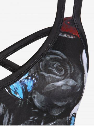 Plus Size & Curve Gothic Crisscross Skull Rose Print Dress