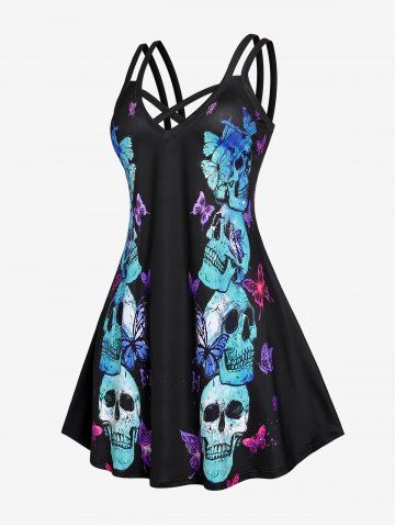 Halloween Plus Size Crisscross Skull Butterfly Print Dress - BLACK - 3X | US 22-24