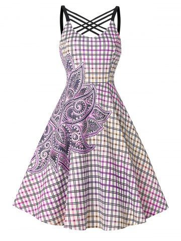 Flower Plaid Print Crisscross Dress - LIGHT PURPLE - S