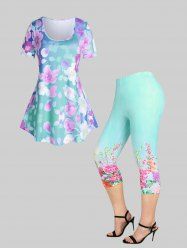 Cottagecore Floral Print Tee and Capri Leggings Plus Size Summer Outfit -  