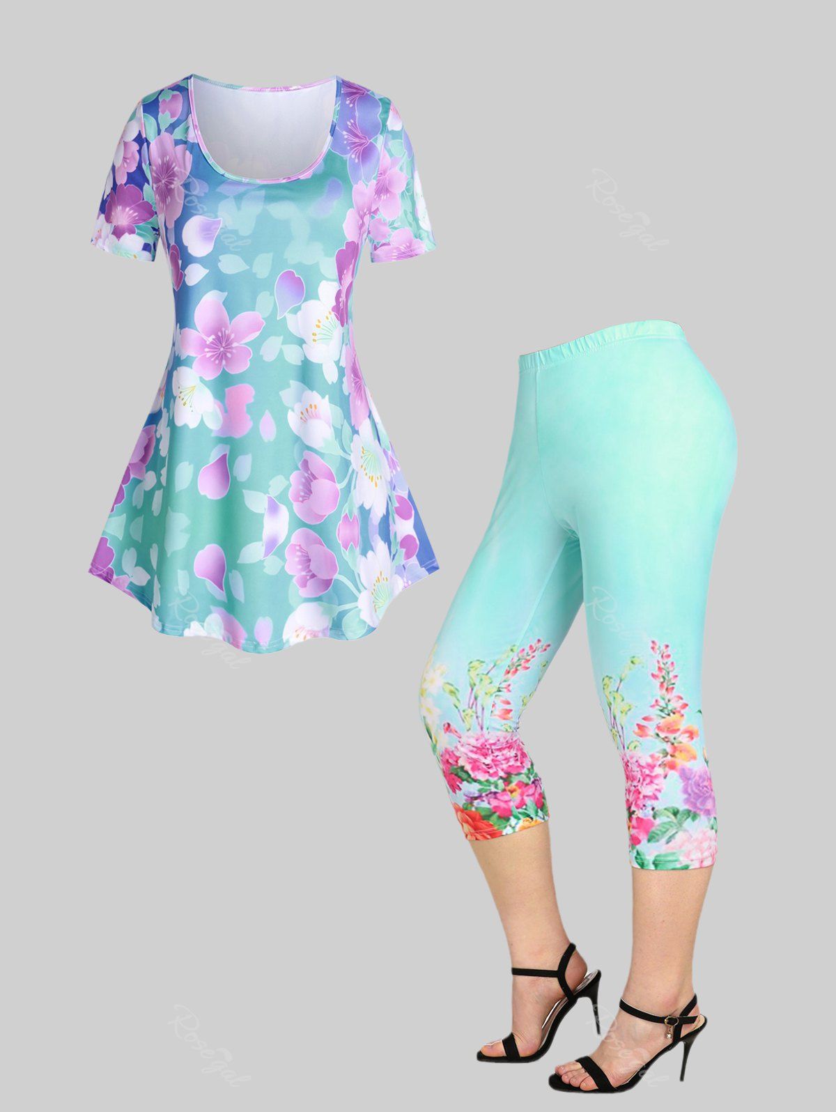 Unique Cottagecore Floral Print Tee and Capri Leggings Plus Size Summer Outfit  