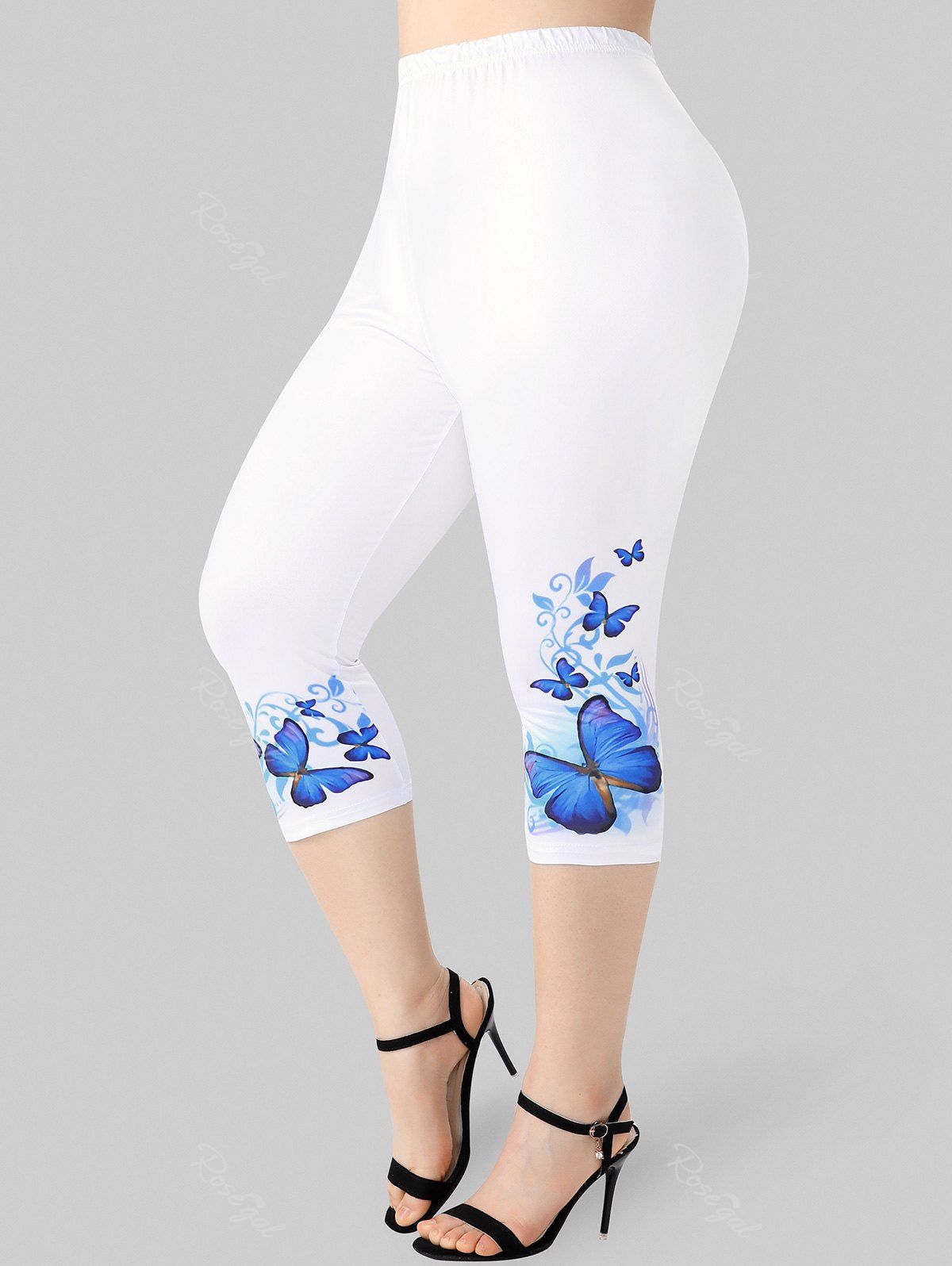 Online Plus Size & Curve High Waisted Butterfly Print Capri Leggings  