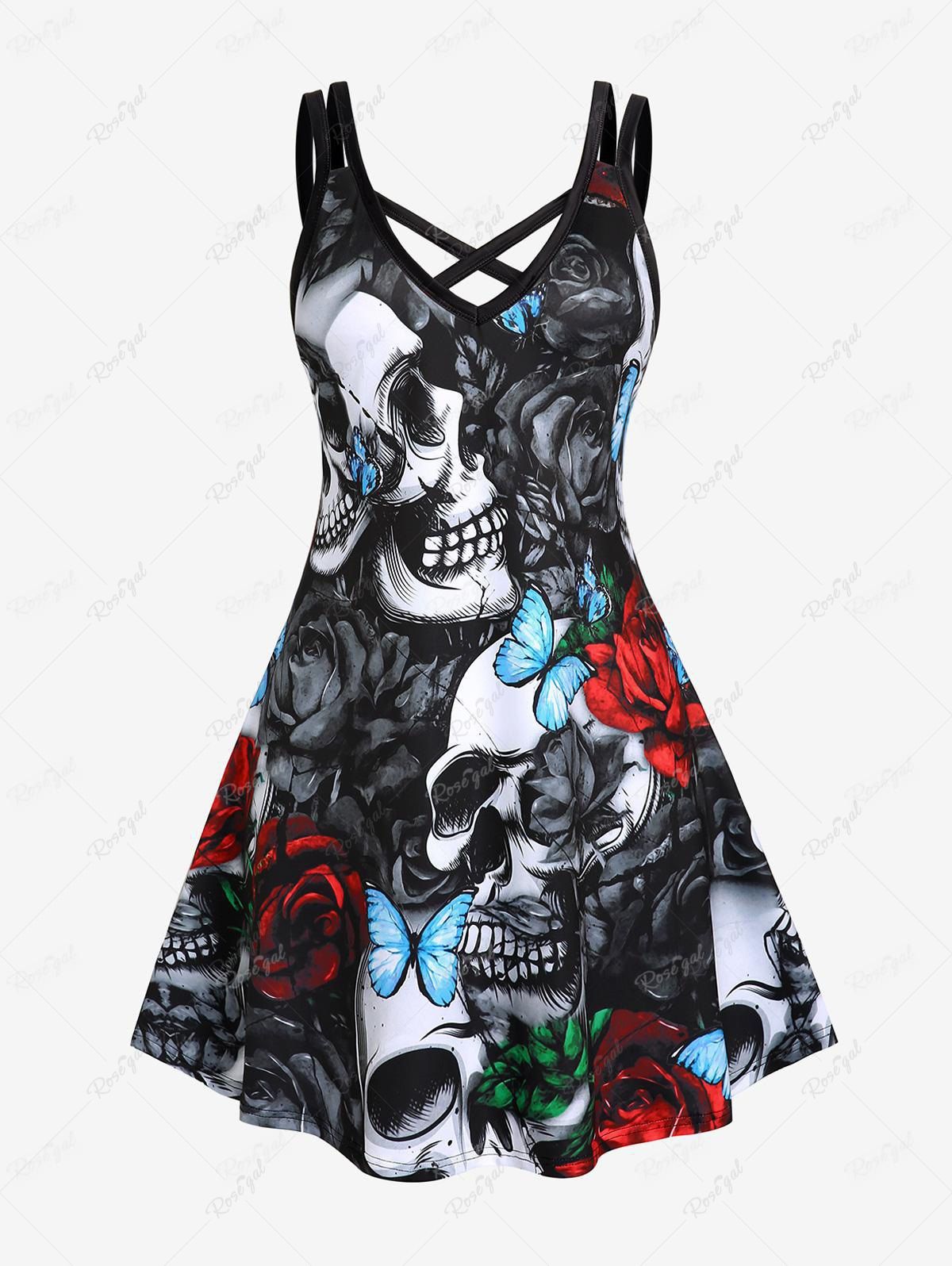 Latest Plus Size & Curve Gothic Crisscross Skull Rose Print Dress  