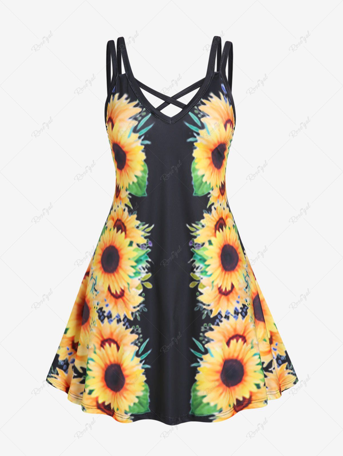 Affordable Plus Size & Curve Crisscross Sunflower Print Sundress  