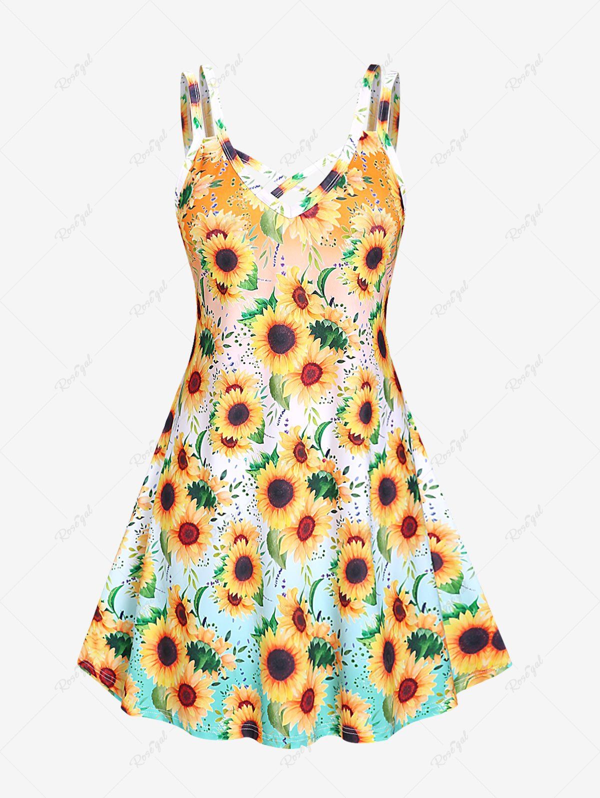 Latest Plus Size & Curve Crisscross Sunflower Print Sundress  