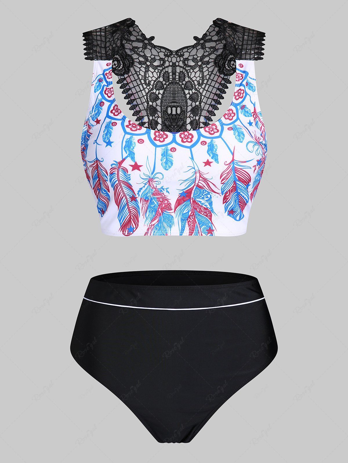 Maillot de Bain Tankini à Empiècement en Dentelle Noir XXXL