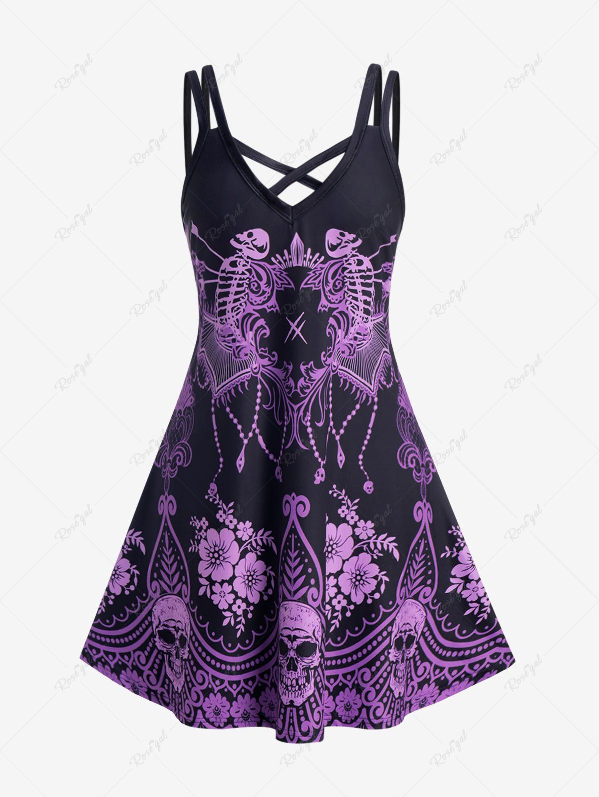 Affordable Plus Size & Curve Skeleton Skull Print Gothic Dress  