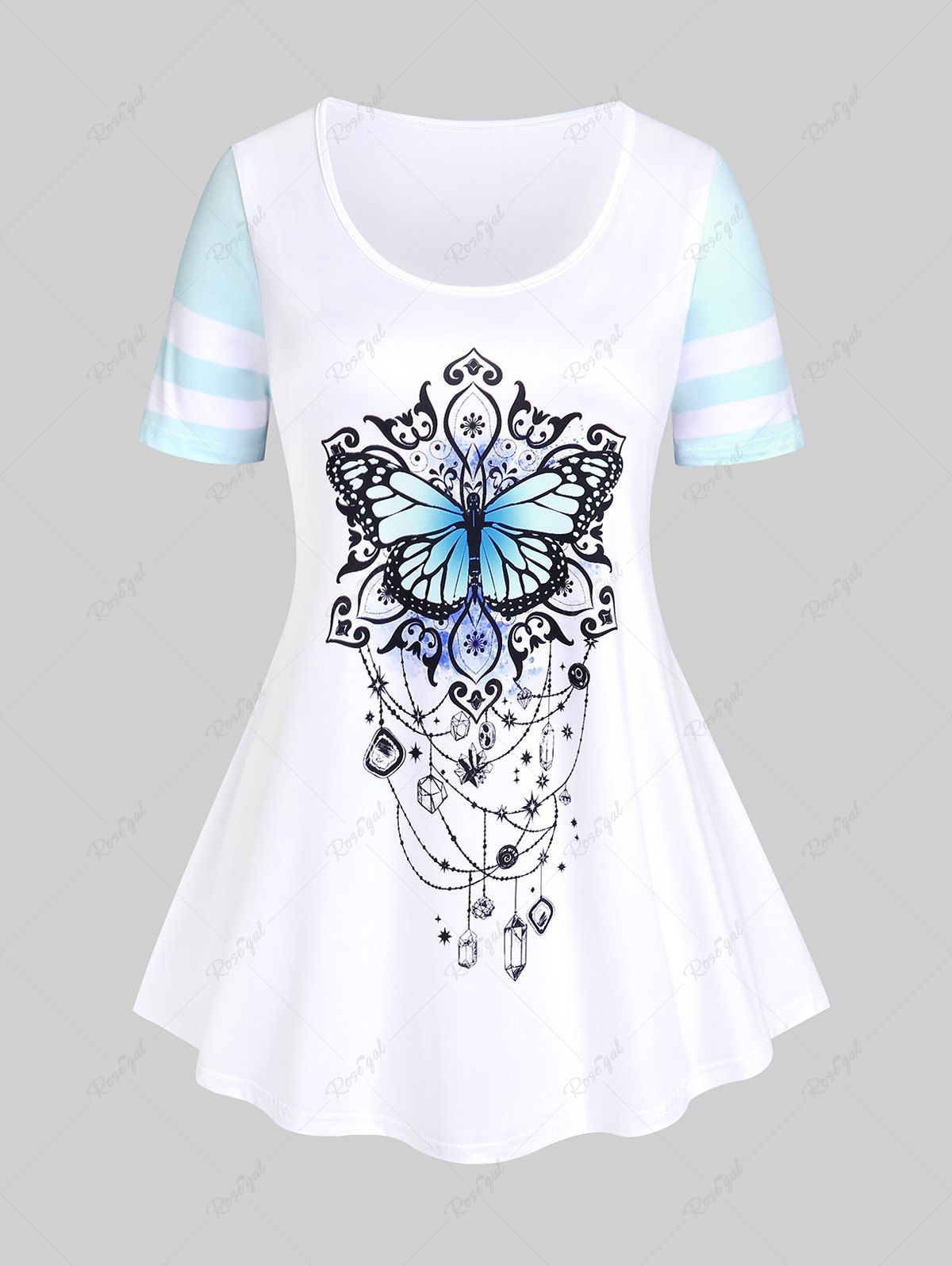 New Plus Size & Curve Butterfly Stripes Colorblock Short Sleeves Tee  