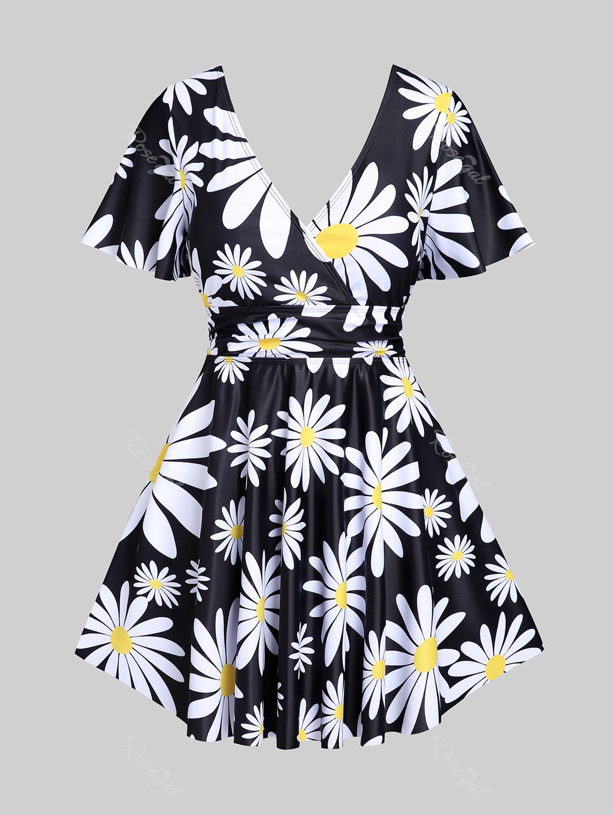 Fancy Plus Size & Curve Daisy Printed Surplice Swim Dress Set  