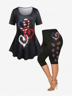American Flag Heart Print Patriotic Tee and Leggings Plus Size Summer Outfit - BLACK