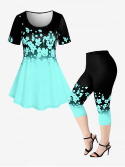 Floral Ombre Tee and Leggings Plus Size Summer Outfit - BLACK