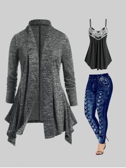 Asymmetric Open Cardigan and Tank Top and Curve Leggings Plus Size Outfit - MULTI-A