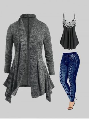 Asymmetric Open Cardigan and Tank Top and Curve Leggings Plus Size Outfit