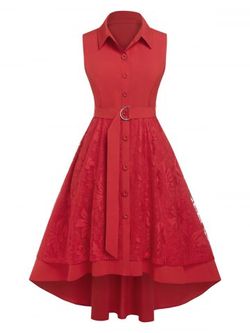 Plus Size Lace Overlay High Low Midi Dress - RED - 3X