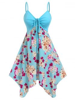 Plus Size Floral Print Cinched Handkerchief Dress - LIGHT BLUE - L