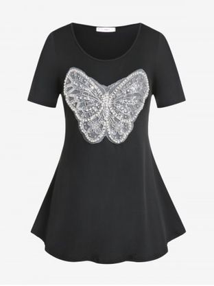 Plus Size & Curve Beads Lace Butterfly Embroidered T Shirt