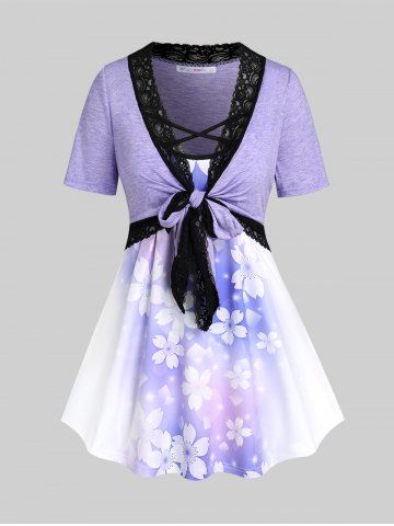 Plus Size & Curve Tie Knot Crop Top and Ombre Floral Print Camisole Set - LIGHT PURPLE - 4X | US 26-28