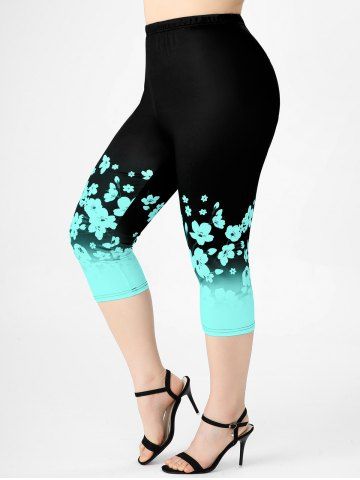 Plus Size & Curve Floral Print High Waist Capri Leggings - LIGHT GREEN - 1X | US 14-16