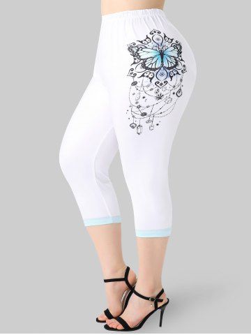 Plus Size & Curve Two Tone Butterfly High Waisted Leggings - WHITE - L | US 12