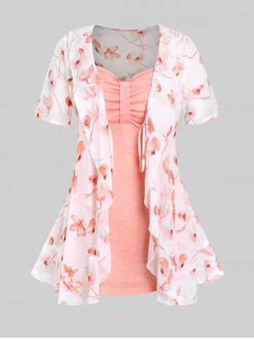 Plus Size & Curve Floral Tie Blouse and Knot Solid Tank Top Set