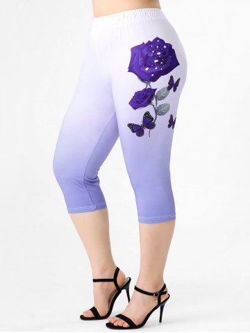 Plus Size & Curve Ombre Color Rose Print Capri Leggings - LIGHT PURPLE - 3X | US 22-24