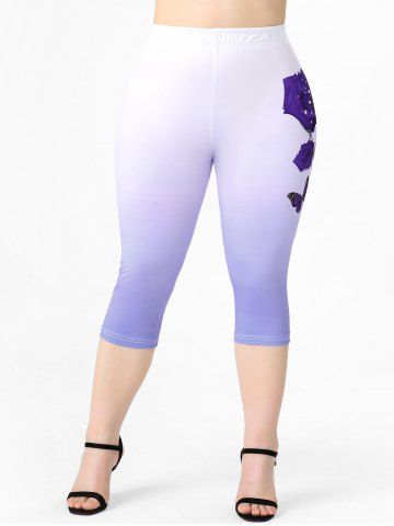 Plus Size & Curve Ombre Color Rose Print Capri Leggings