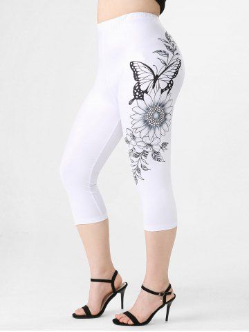 Plus Size & Curve Sunflower Butterfly Print Capri Leggings - WHITE - 4X | US 26-28