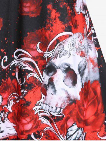 Valentines Red Rose Skull Print Plus Size Crisscross A Line Gothic Dress