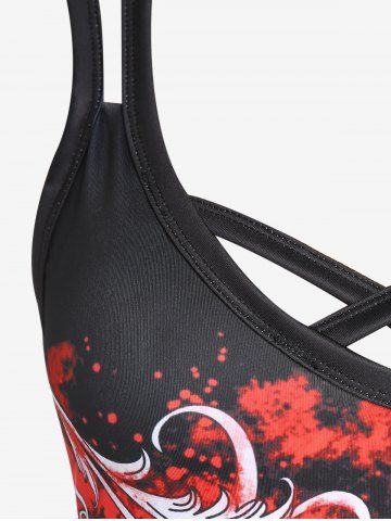 Valentines Red Rose Skull Print Plus Size Crisscross A Line Gothic Dress