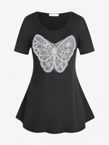 Plus Size & Curve Beads Lace Butterfly Embroidered T Shirt - BLACK - L | US 12