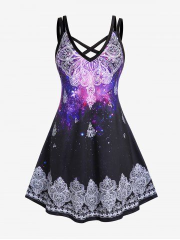 Plus Size & Curve Galaxy Ethnic Print Crisscross Dress