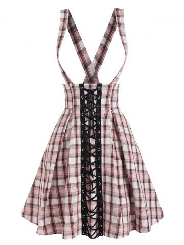 Plaid Lace Up Suspender Skirt - LIGHT PINK - XL