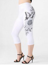 Plus Size & Curve Sunflower Butterfly Print Capri Leggings -  
